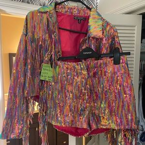 Dolls Kill- PRISM made to dream jacket and shorts set RAINBOW fringe